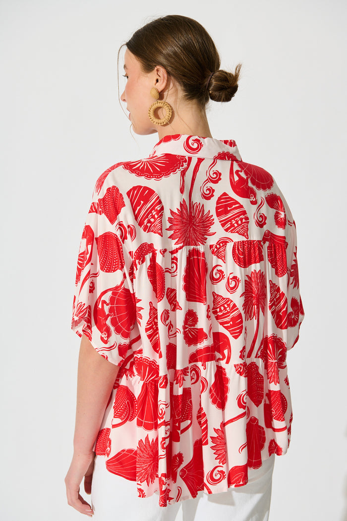 Deltina Shirt in Off White with Red Shell Print back