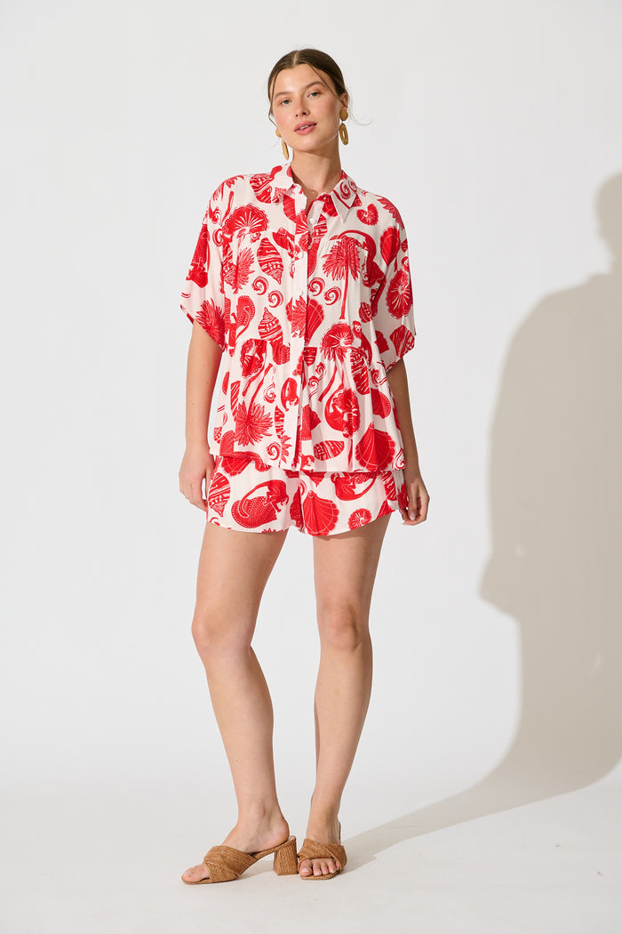 Vayda Short in Off White with Red Shell Print full length set