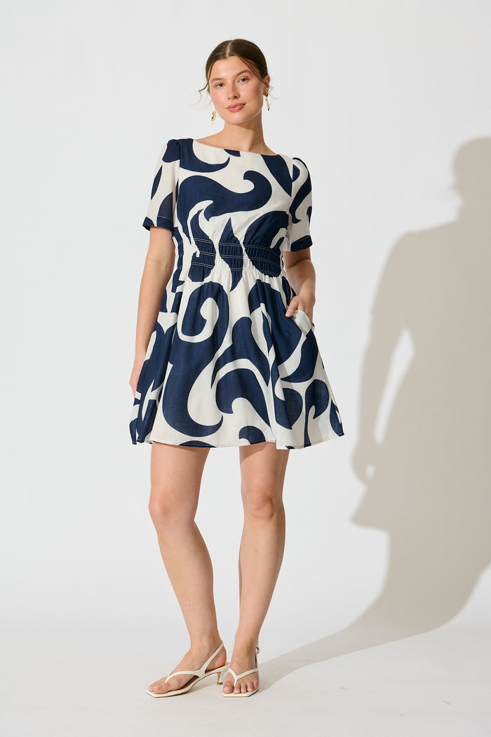 Pearl Dress in Navy Swirl Linen Blend full length