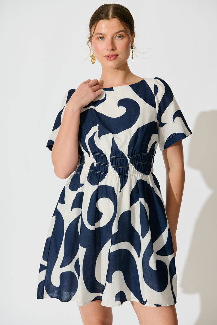 Pearl Dress in Navy Swirl Linen Blend front