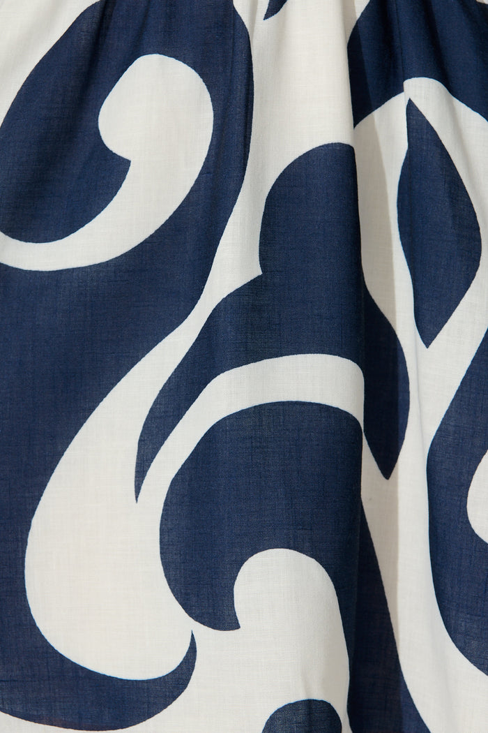 Pearl Dress in Navy Swirl Linen Blend fabric