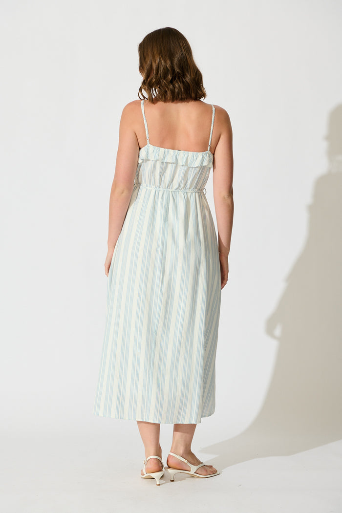 Nya Midi Sundress in White with Light Blue Stripe Cotton Blend back