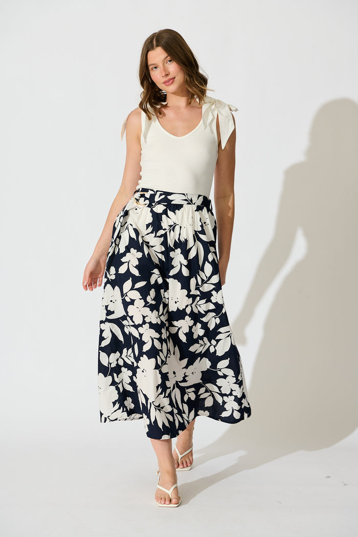 Tyra Maxi Skirt in Navy Floral Cotton Poplin full length