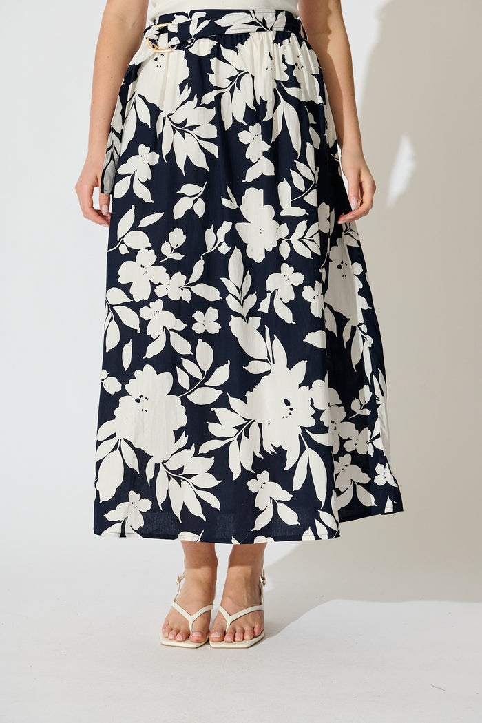 Tyra Maxi Skirt in Navy Floral Cotton Poplin front