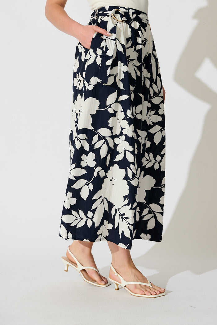 Tyra Maxi Skirt in Navy Floral Cotton Poplin side