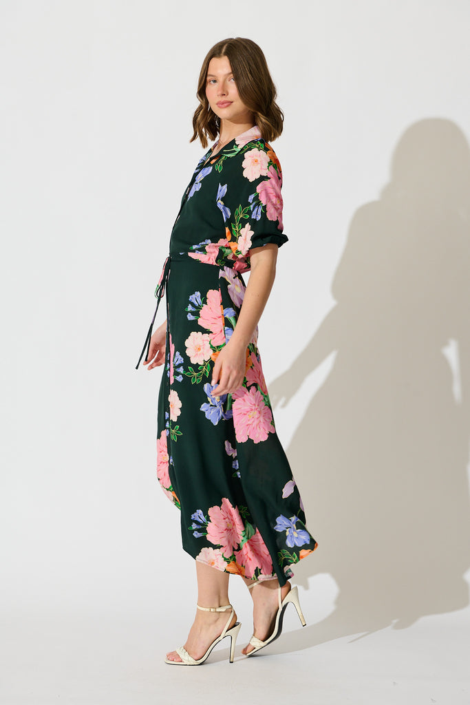 Isla Botanica Midi Shirt Dress in Green with Multi Floral side