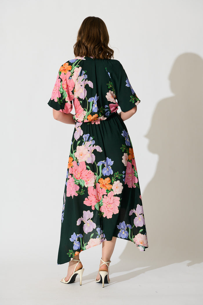 Isla Botanica Midi Shirt Dress in Green with Multi Floral back