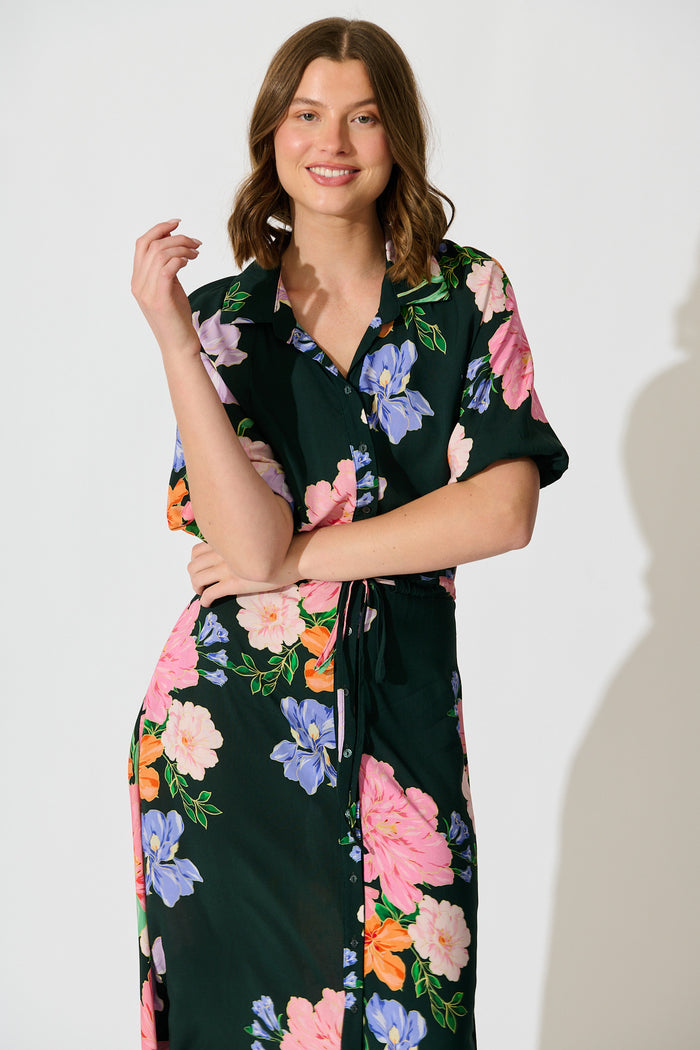 Isla Botanica Midi Shirt Dress in Green with Multi Floral front