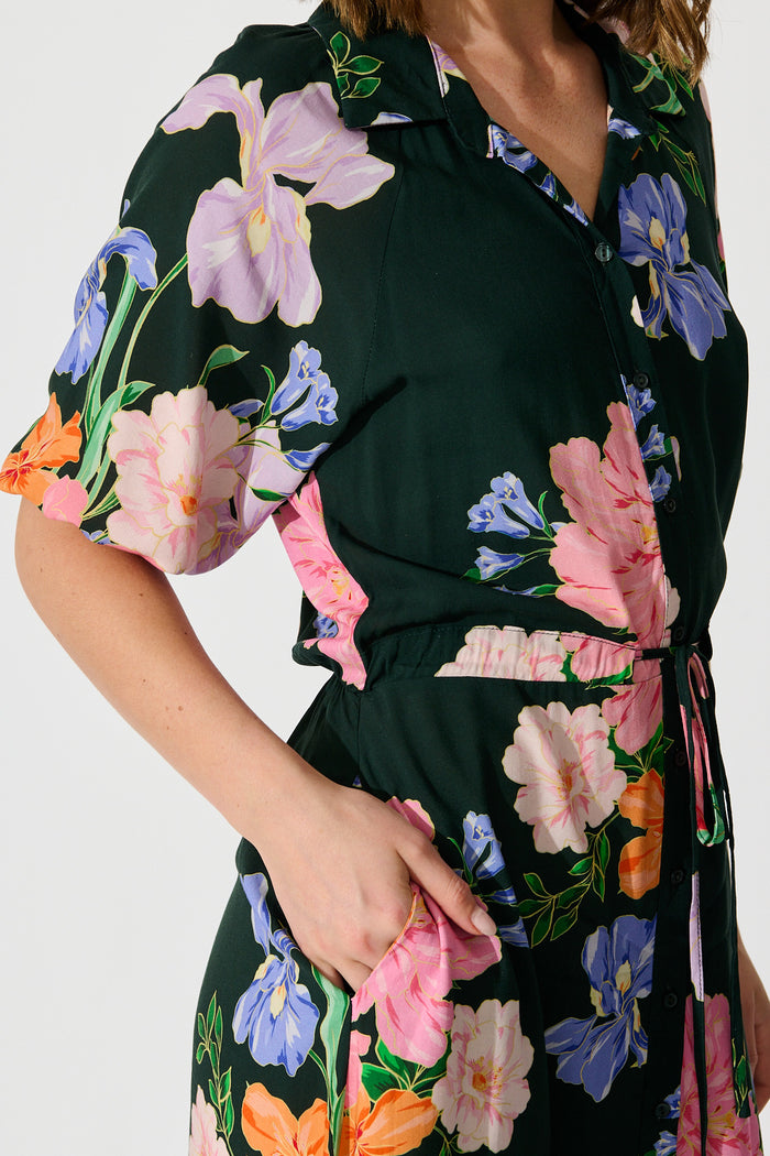 Isla Botanica Midi Shirt Dress in Green with Multi Floral detail
