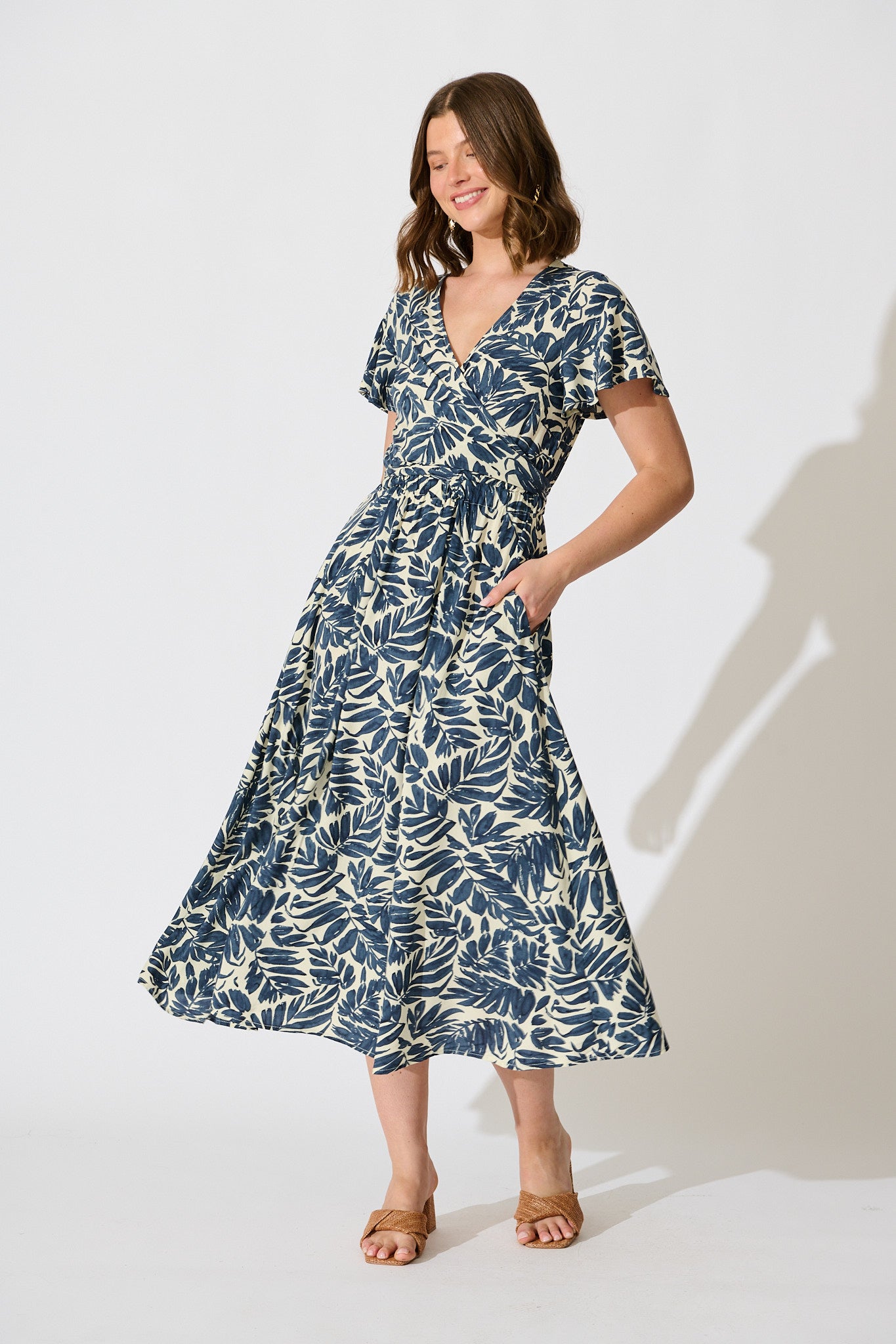 Ellerie Midi Dress in Navy and Cream Leaf Print full length