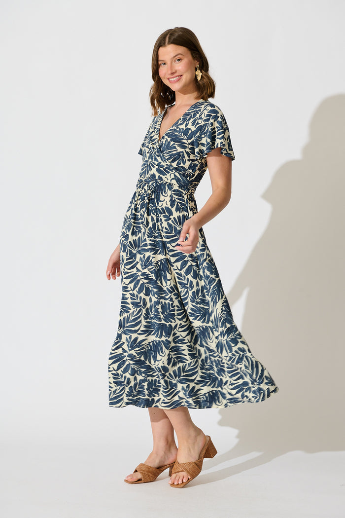 Ellerie Midi Dress in Navy and Cream Leaf Print side