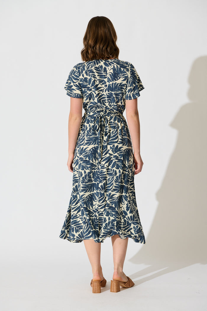 Ellerie Midi Dress in Navy and Cream Leaf Print back