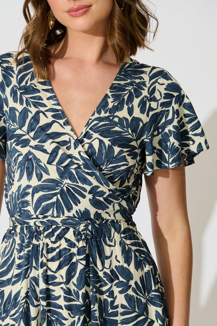 Ellerie Midi Dress in Navy and Cream Leaf Print detail