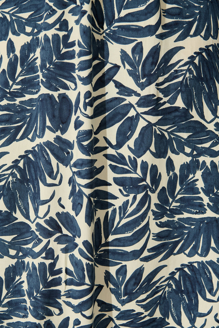 Ellerie Midi Dress in Navy and Cream Leaf Print fabric