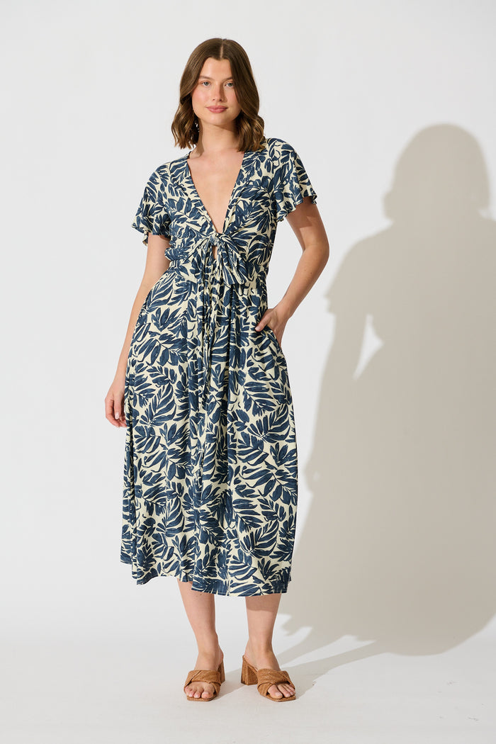 Ellerie Midi Dress in Navy and Cream Leaf Print full length