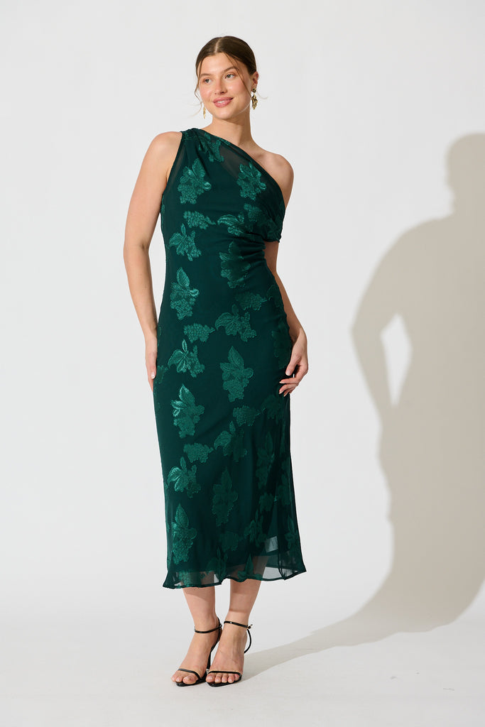 Lunar Romance Off Shoulder Maxi Dress in Emerald Burnout Chiffon full length