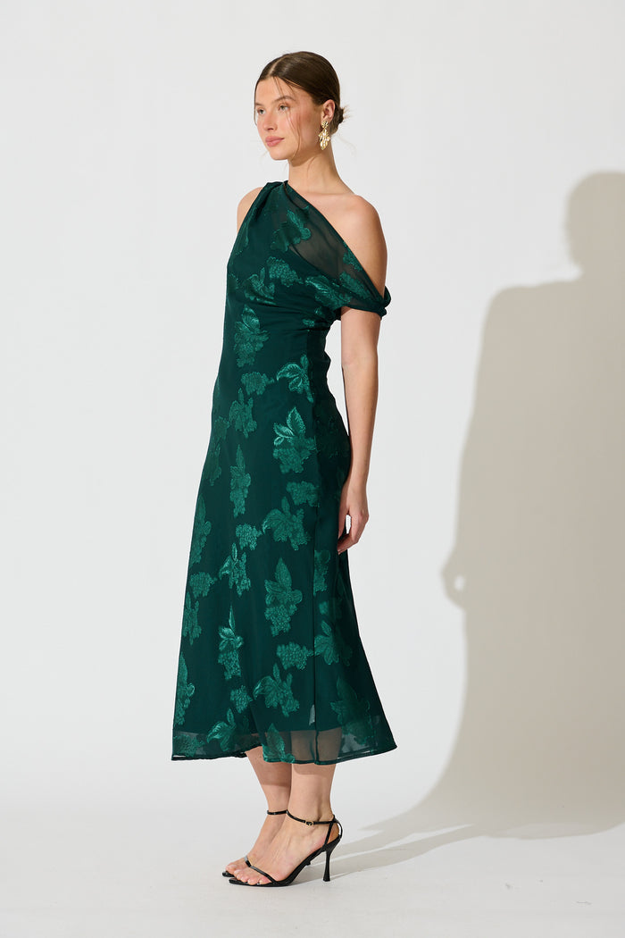 Lunar Romance Off Shoulder Maxi Dress in Emerald Burnout Chiffon side