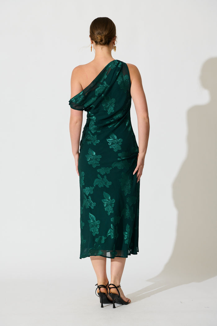 Lunar Romance Off Shoulder Maxi Dress in Emerald Burnout Chiffon back