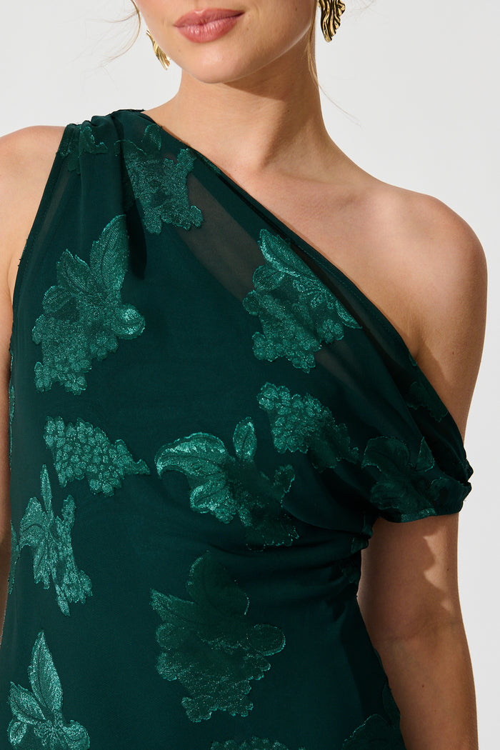 Lunar Romance Off Shoulder Maxi Dress in Emerald Burnout Chiffon detail
