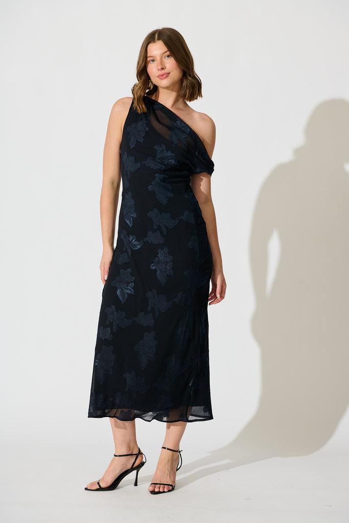 Lunar Romance Off Shoulder Maxi Dress in Navy Burnout Chiffon full length