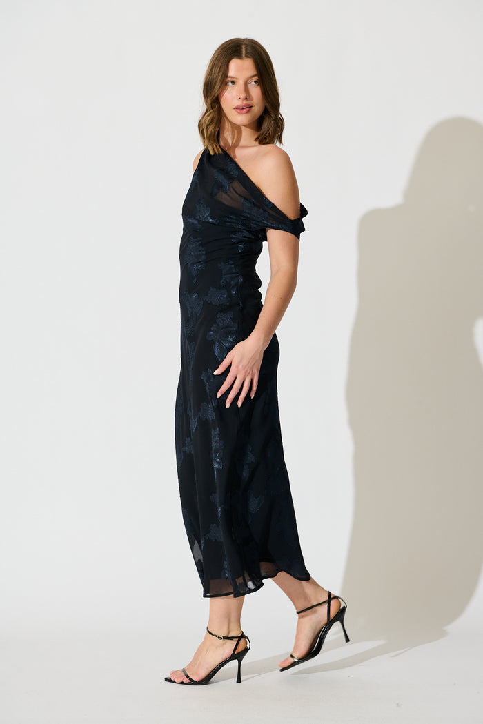 Lunar Romance Off Shoulder Maxi Dress in Navy Burnout Chiffon side