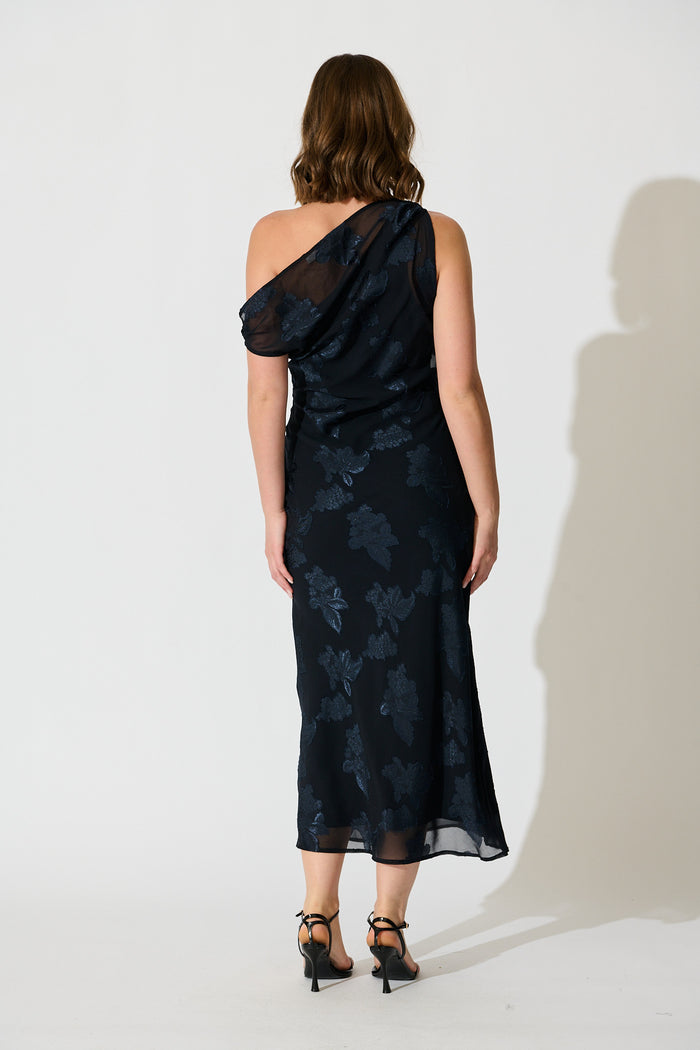 Lunar Romance Off Shoulder Maxi Dress in Navy Burnout Chiffon back