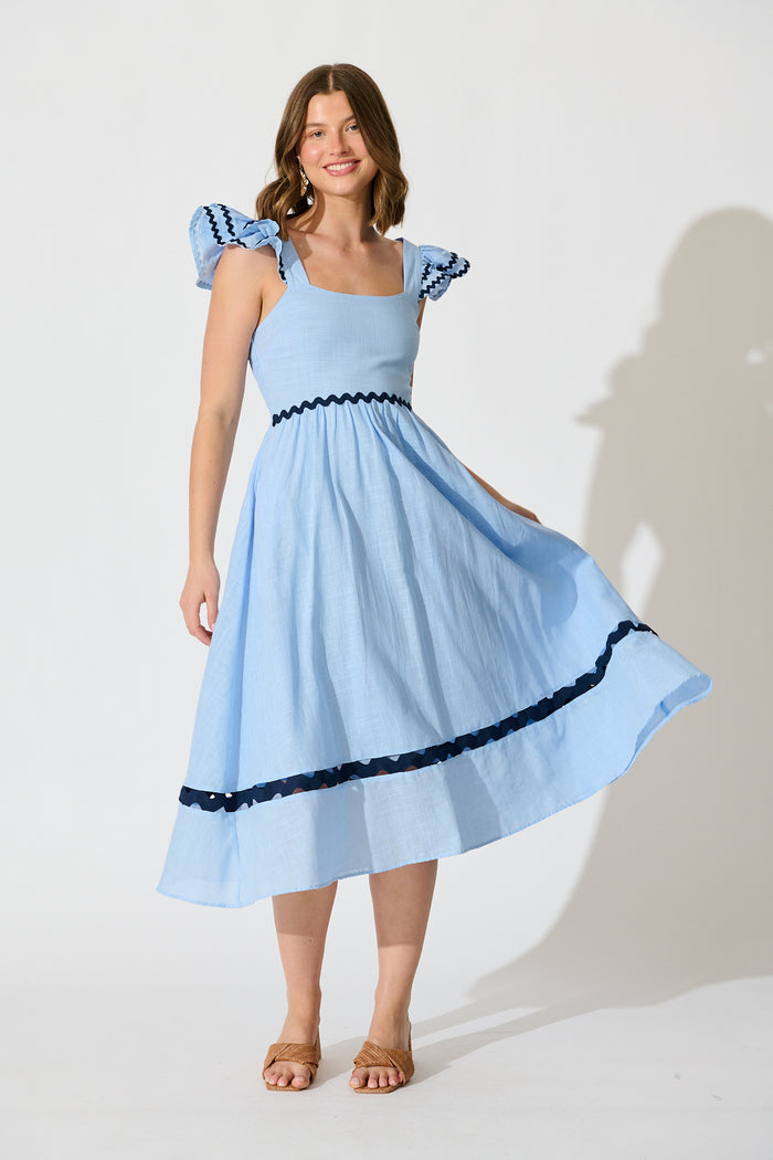 Miami Midi Dress in Pale Blue With Navy Ric Rac Cotton | St Frock Miami Midi Dress in Pale Blue With Navy Ric Rac Cotton | St Frock