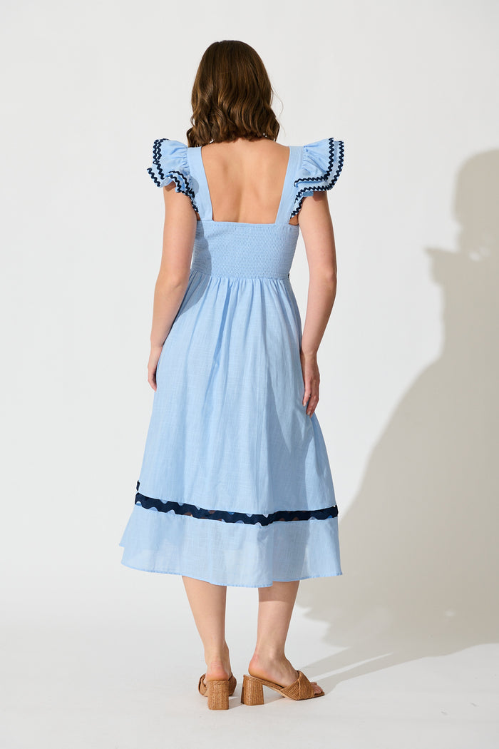 Miami Midi Dress In Pale Blue With Navy Ric Rac Cotton back