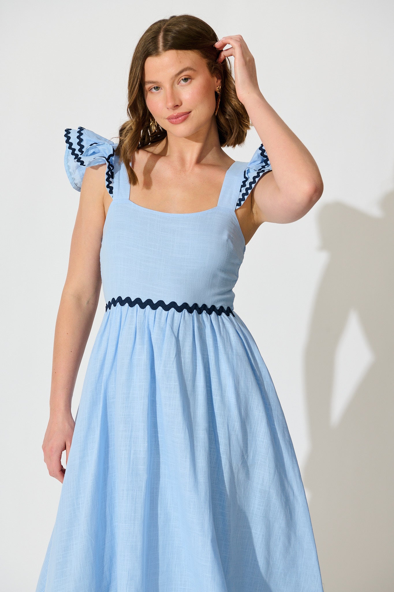 Miami Midi Dress in Pale Blue With Navy Ric Rac Cotton | St Frock Miami Midi Dress in Pale Blue With Navy Ric Rac Cotton | St Frock