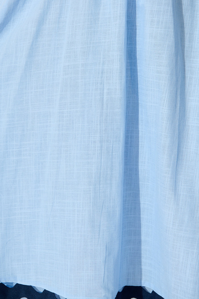 Miami Midi Dress In Pale Blue With Navy Ric Rac Cotton fabric