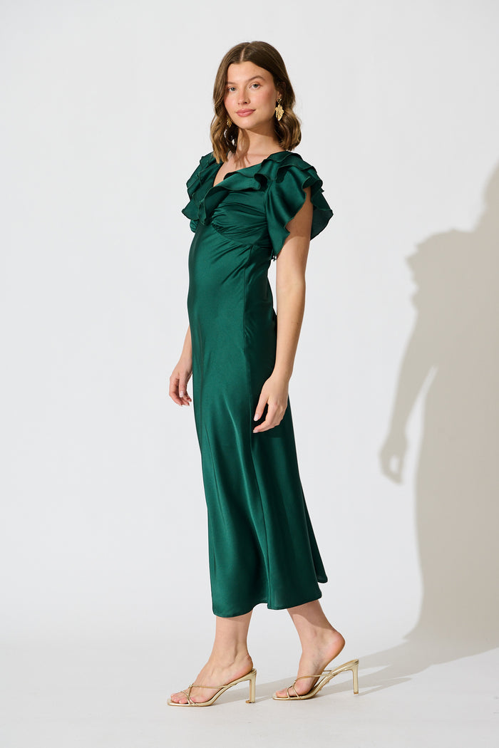 Satin Dream Midi Dress in Emerald Satin side
