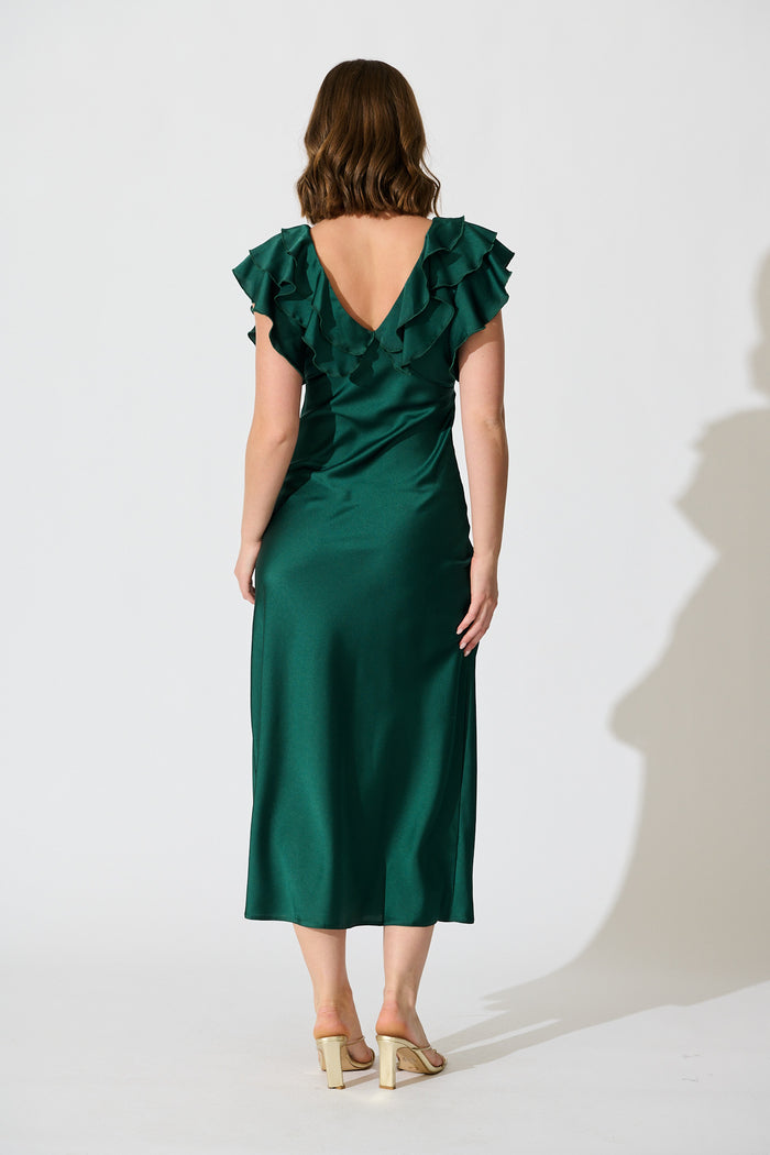Satin Dream Midi Dress in Emerald Satin back