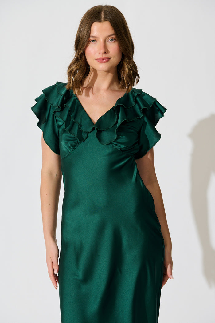 Satin Dream Midi Dress in Emerald Satin front