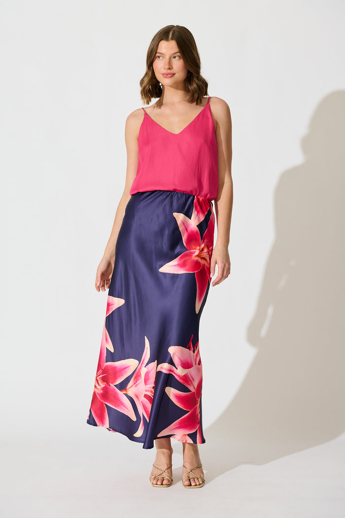 Nightshade Bouquet Maxi Skirt in Navy Floral Satin full length