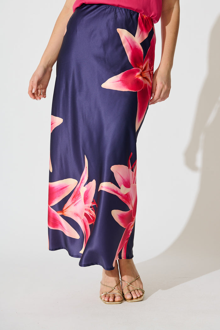 Nightshade Bouquet Maxi Skirt in Navy Floral Satin front