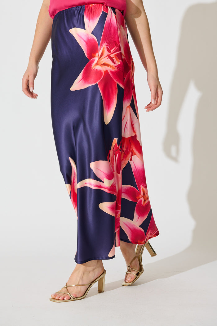 Nightshade Bouquet Maxi Skirt in Navy Floral Satin side