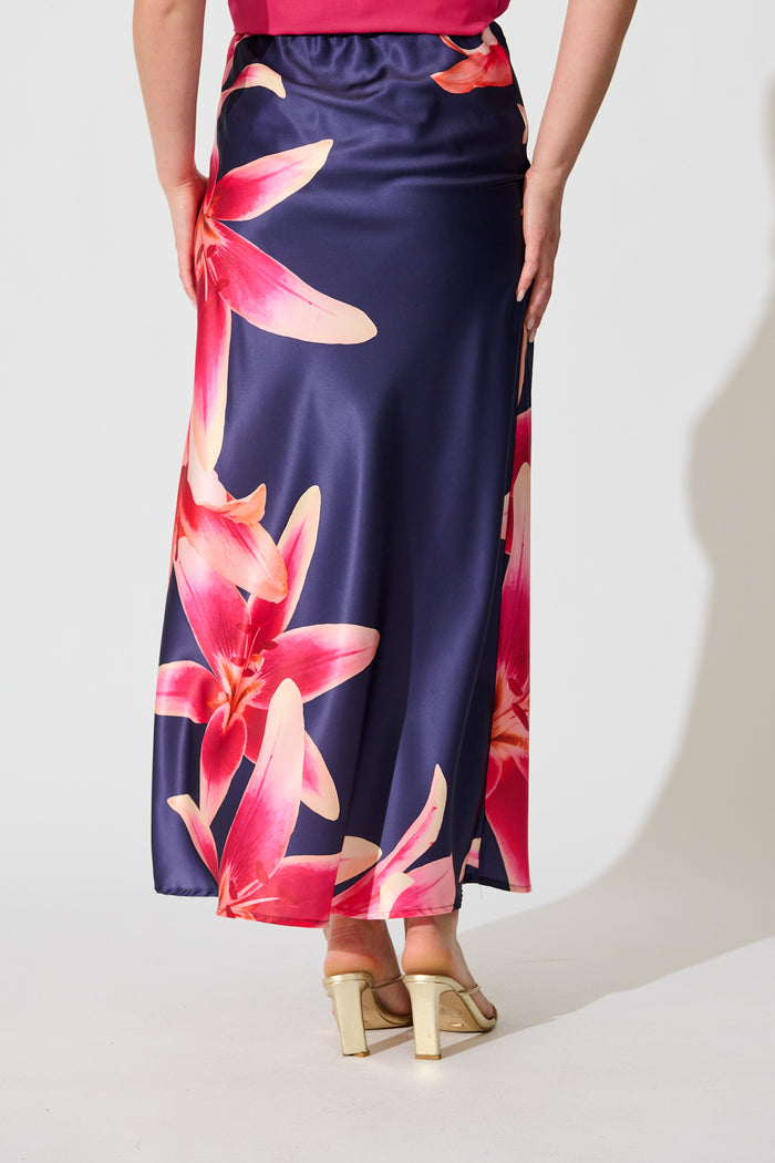 Nightshade Bouquet Maxi Skirt in Navy Floral Satin back