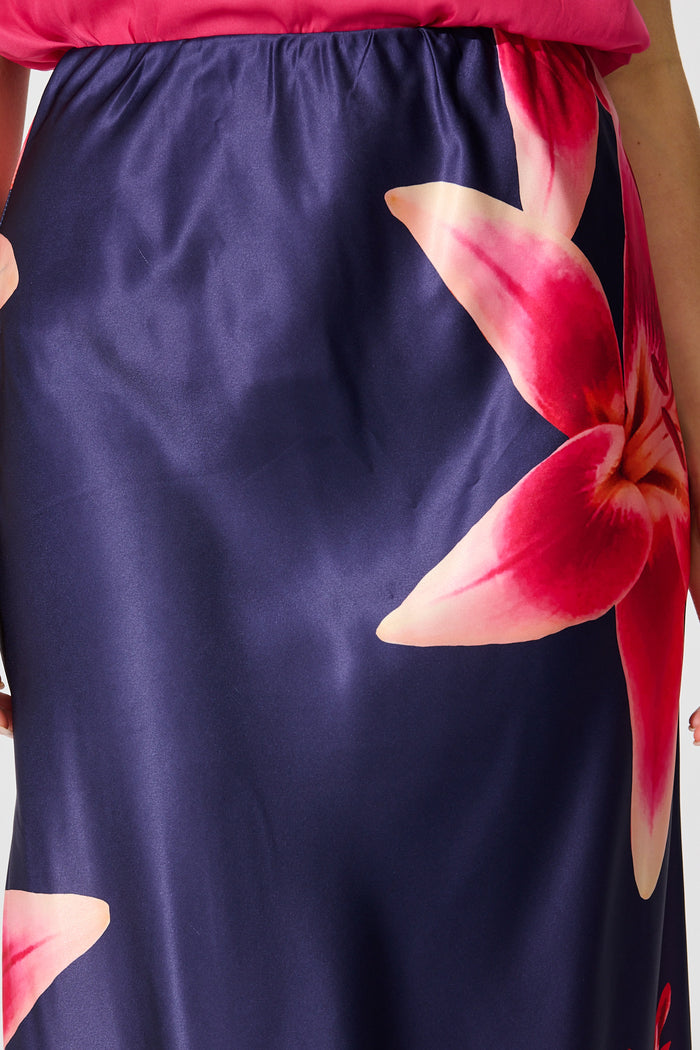 Nightshade Bouquet Maxi Skirt in Navy Floral Satin detail