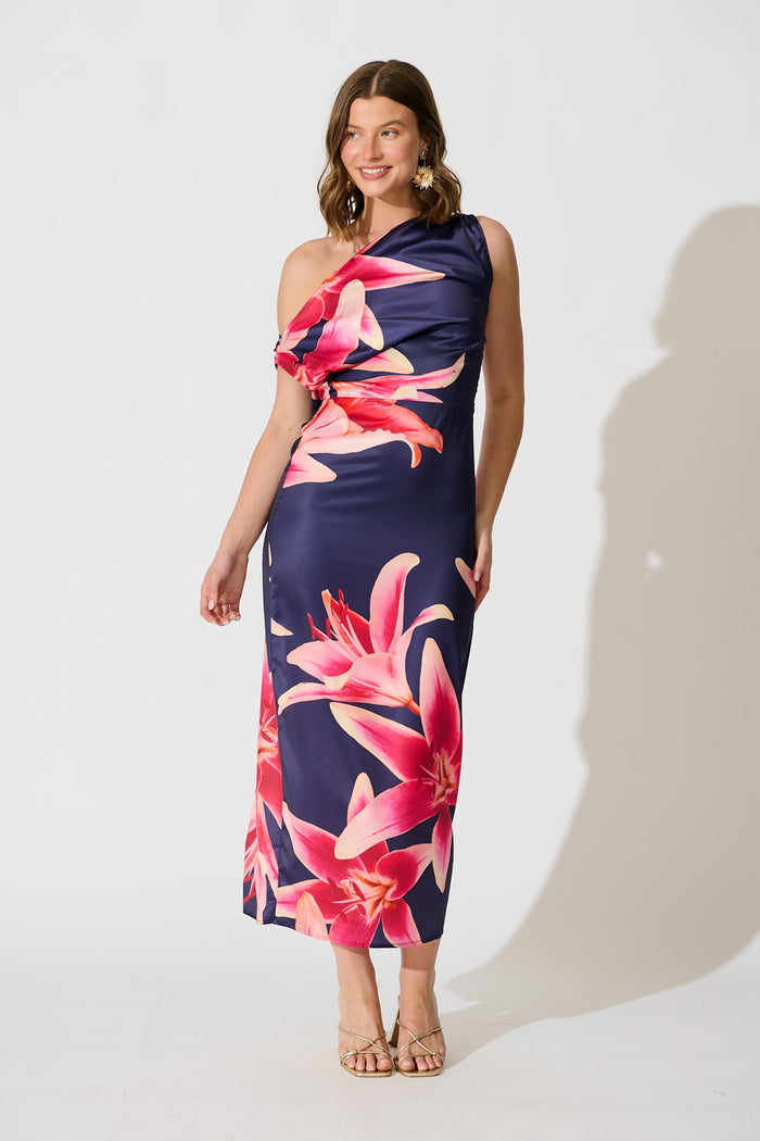 Moon Lily One Shoulder Maxi Dress in Navy Floral Satin full length