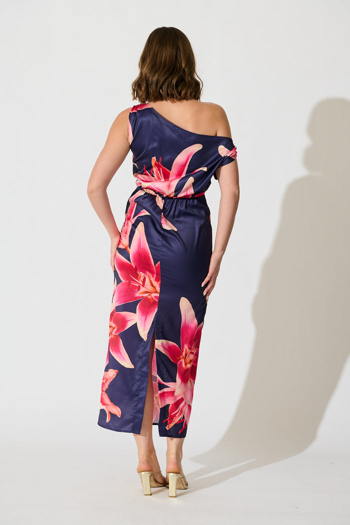 Moon Lily One Shoulder Maxi Dress in Navy Floral Satin back