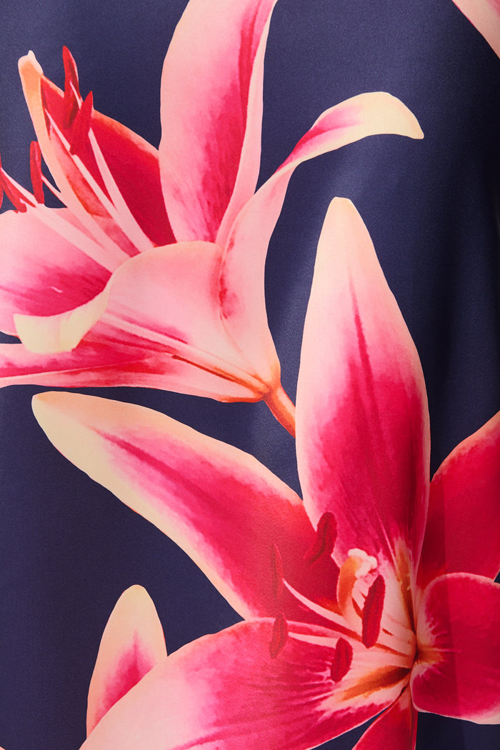 Moon Lily One Shoulder Maxi Dress in Navy Floral Satin fabric