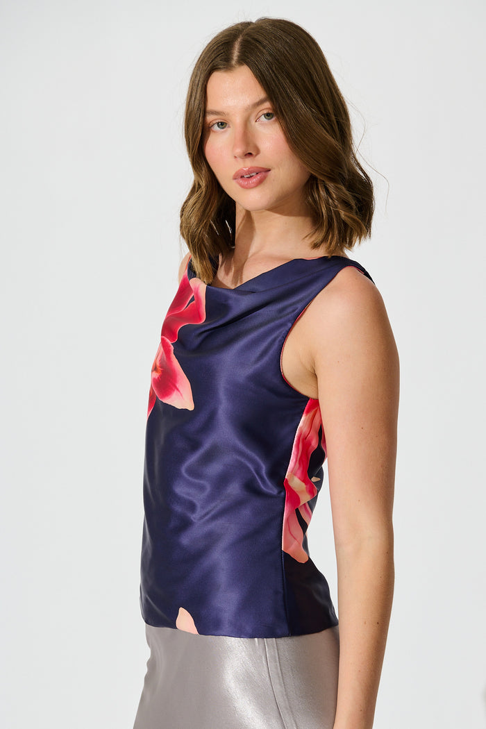 Tropic Skies Top in Navy Floral Satin side