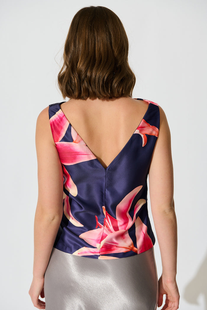 Tropic Skies Top in Navy Floral Satin back