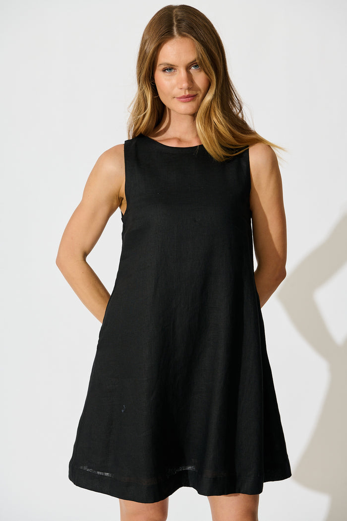 PRE ORDER Island Dreamer Dress in Black Linen front