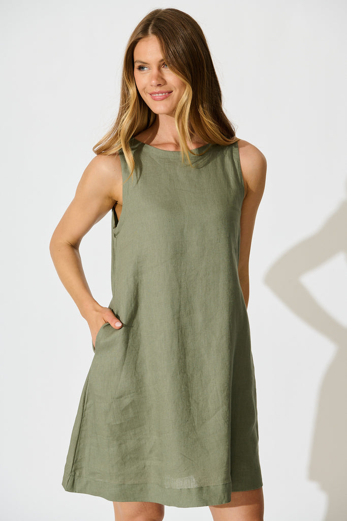 PRE ORDER Island Dreamer Dress in Khaki Linen front