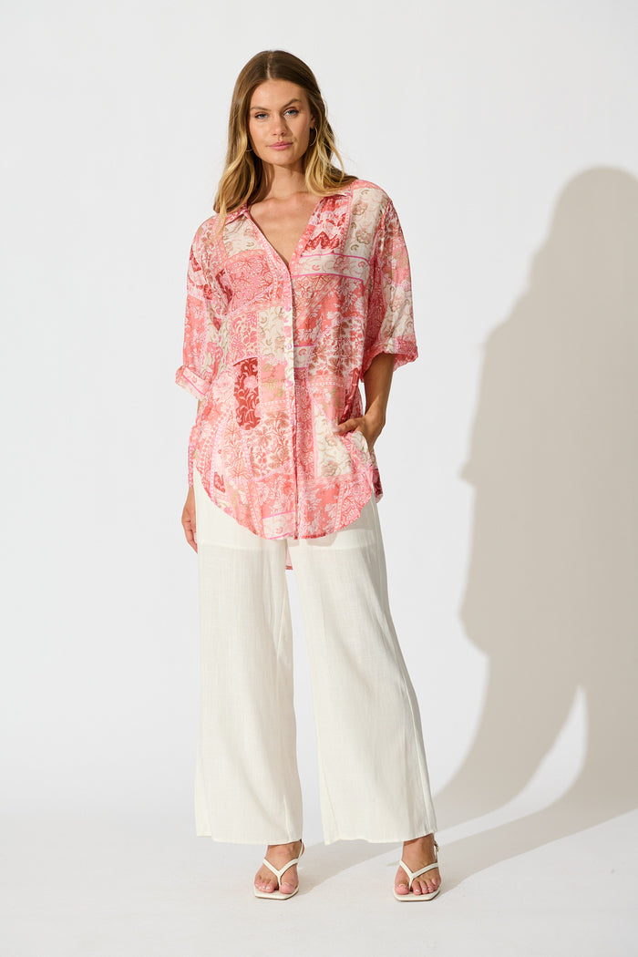 Calantha Shirt in Pink Patchwork Floral full length