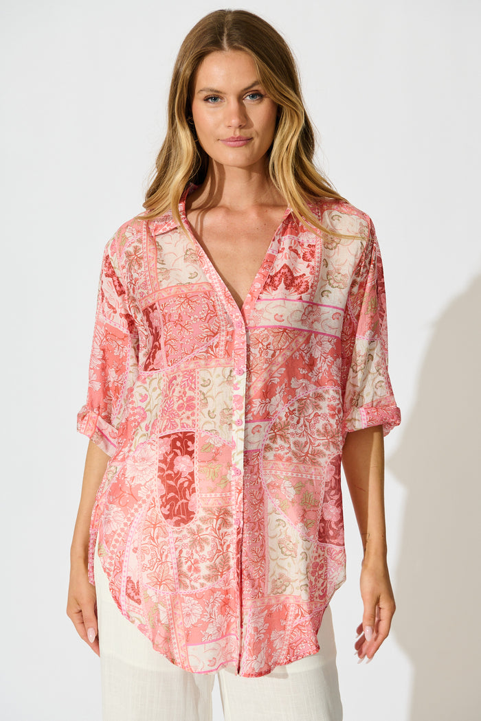 Calantha Shirt in Pink Patchwork Floral front
