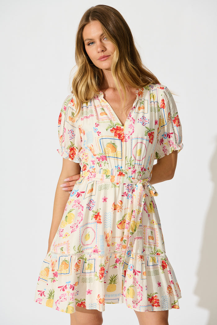 Sauline Dress in Cream Multi Postcard Print front