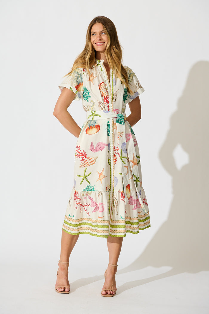 Terah Midi Shirt Dress in White with Multi Seashell Cotton full length