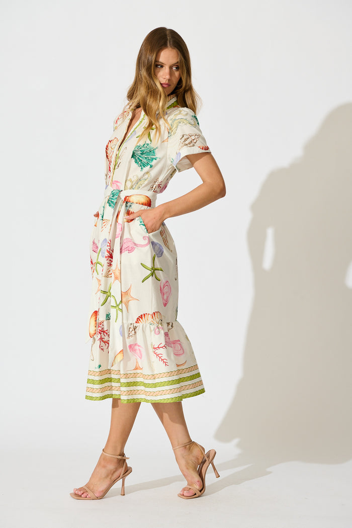 Terah Midi Shirt Dress in White with Multi Seashell Cotton side